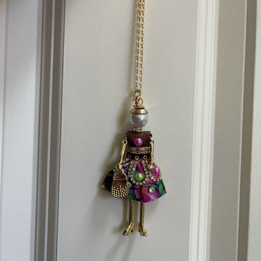 Boutique Doll Necklace Pink Watercolor Dress Rhinestone Long Necklace! - Picture 12 of 13